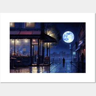 32-bit pixel art Blue Moon Cafe on Rainy Night Posters and Art